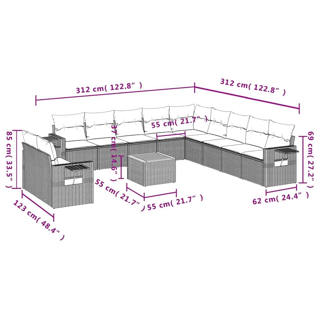 vidaXL 12-teiliges Gartensofa-Set mit Kissen, schwarzes Polyrattan