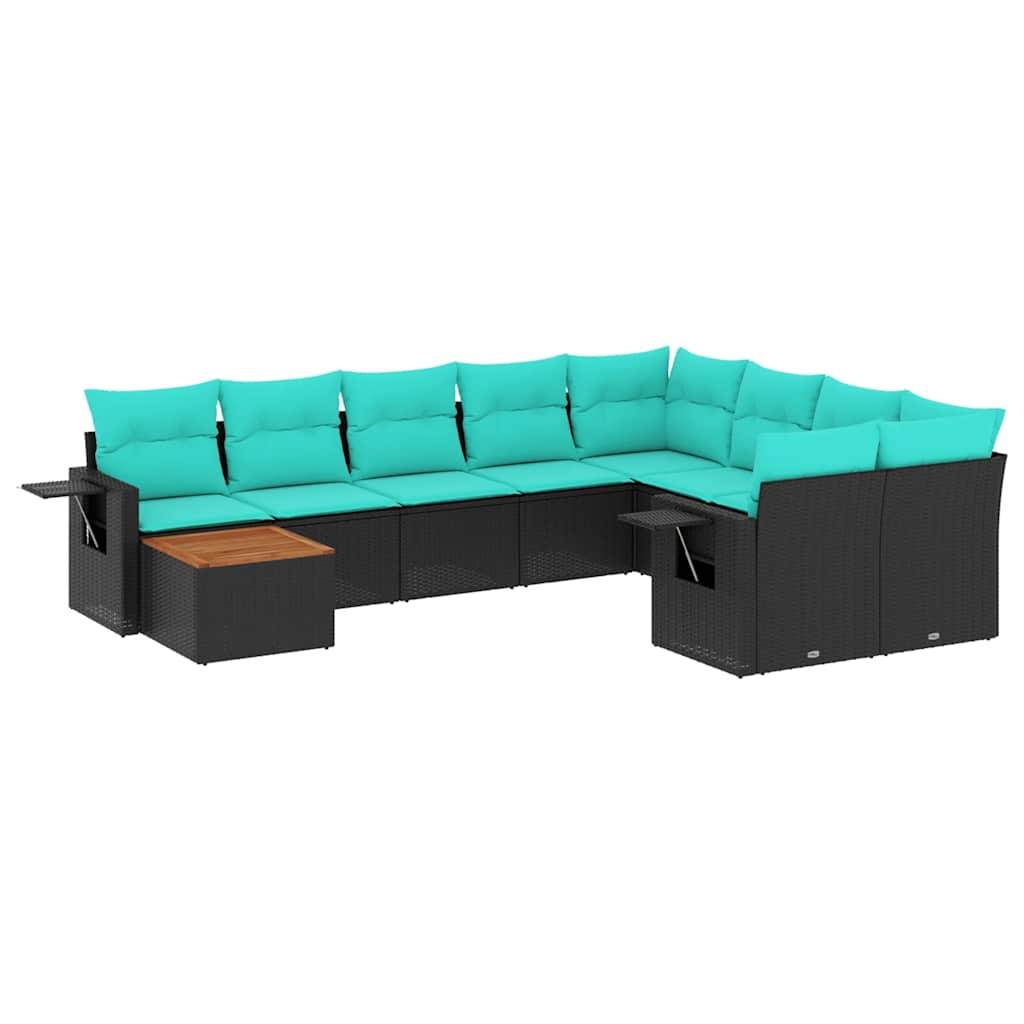 vidaXL 10-teiliges Gartensofa-Set mit Kissen, schwarzes Polyrattan