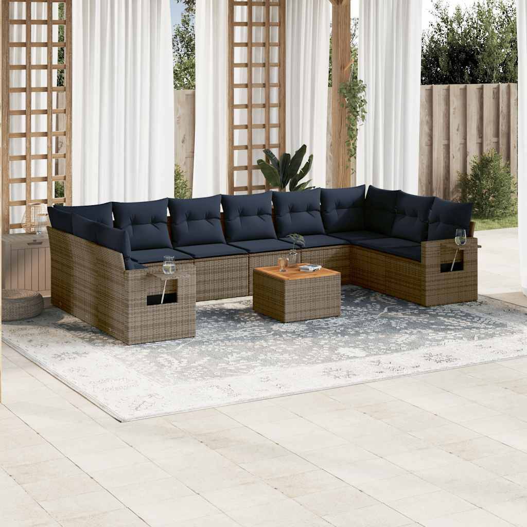 vidaXL 11-teiliges Gartensofa-Set mit Kissen, grau, Polyrattan