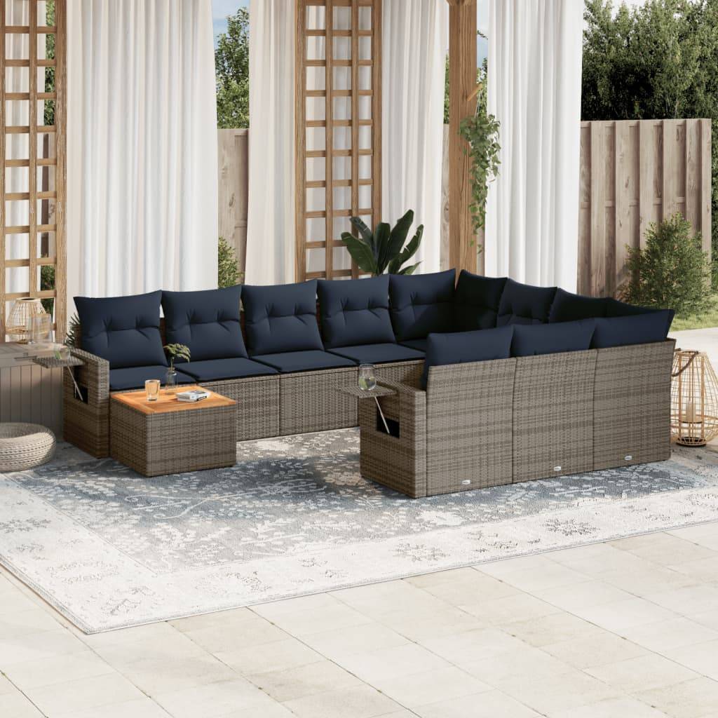 vidaXL 11-teiliges Gartensofa-Set mit Kissen, grau, Polyrattan