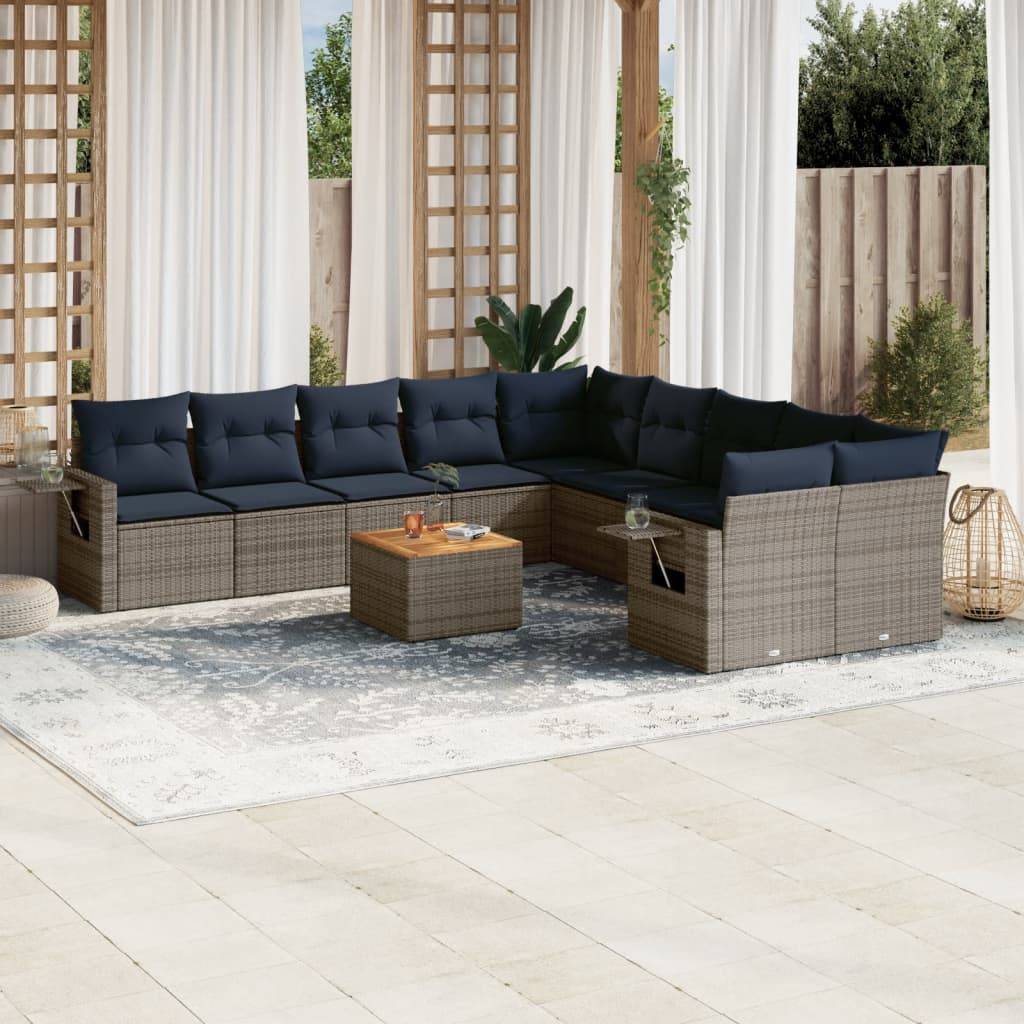 vidaXL 11-teiliges Gartensofa-Set mit Kissen, grau, Polyrattan