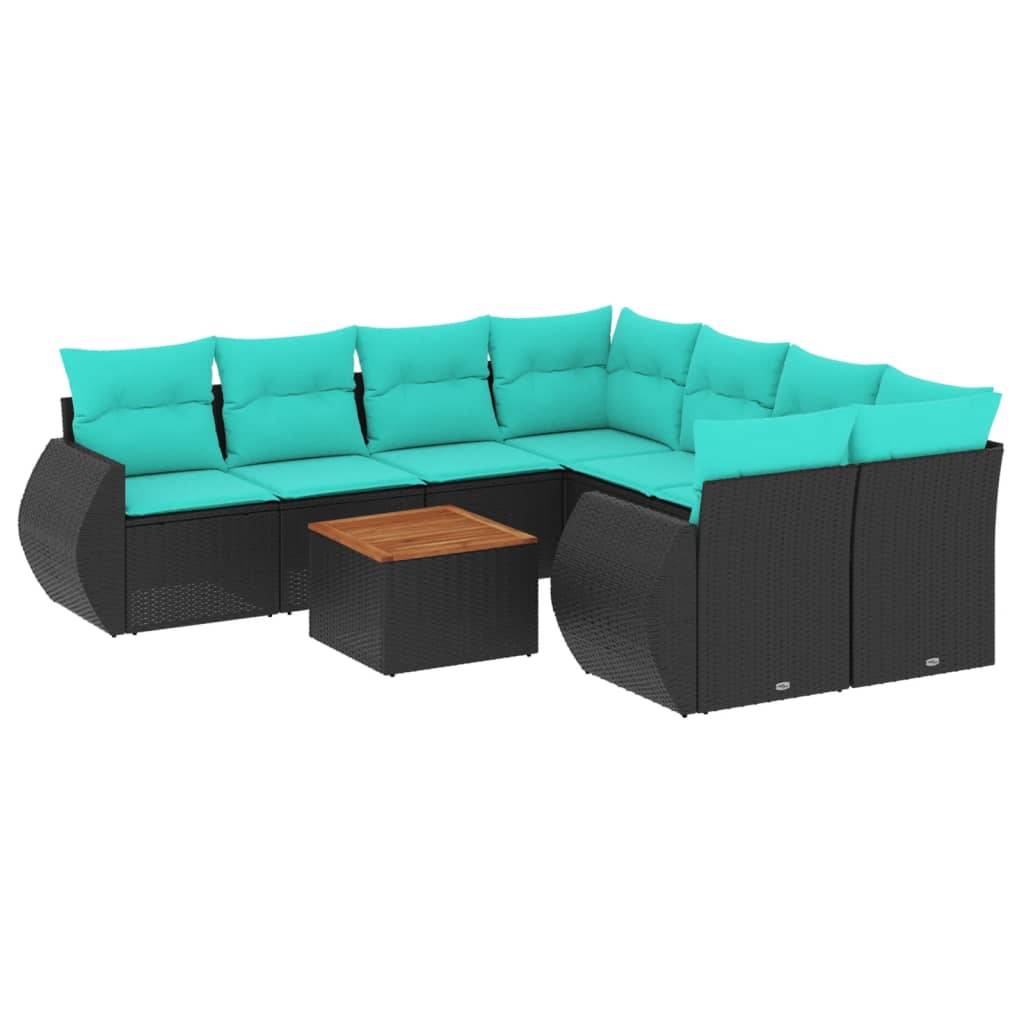 vidaXL 9-teiliges Gartensofa-Set mit Kissen, schwarzes Polyrattan