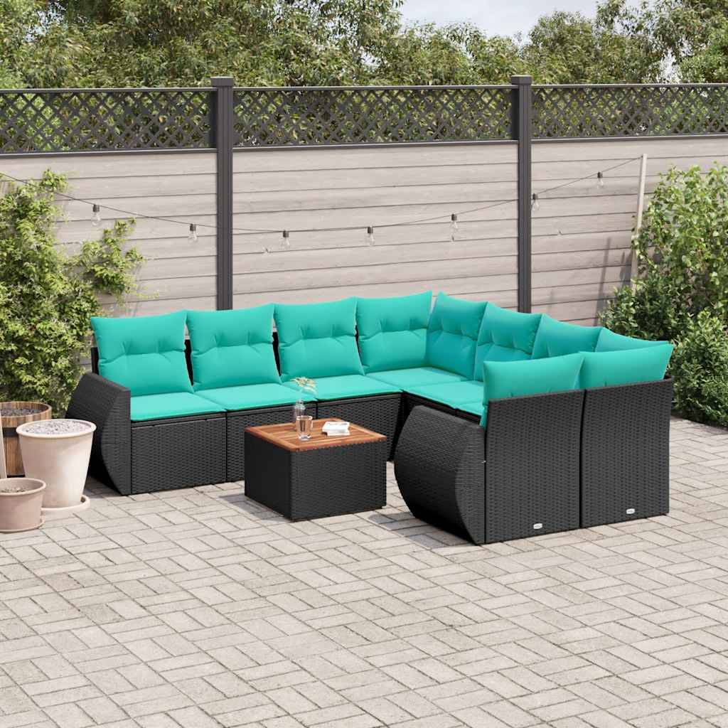 vidaXL 9-teiliges Gartensofa-Set mit Kissen, schwarzes Polyrattan