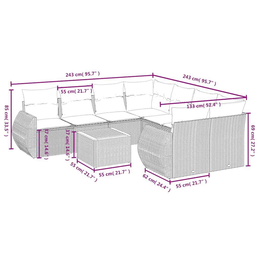 vidaXL 9-teiliges Gartensofa-Set mit Kissen, schwarzes Polyrattan
