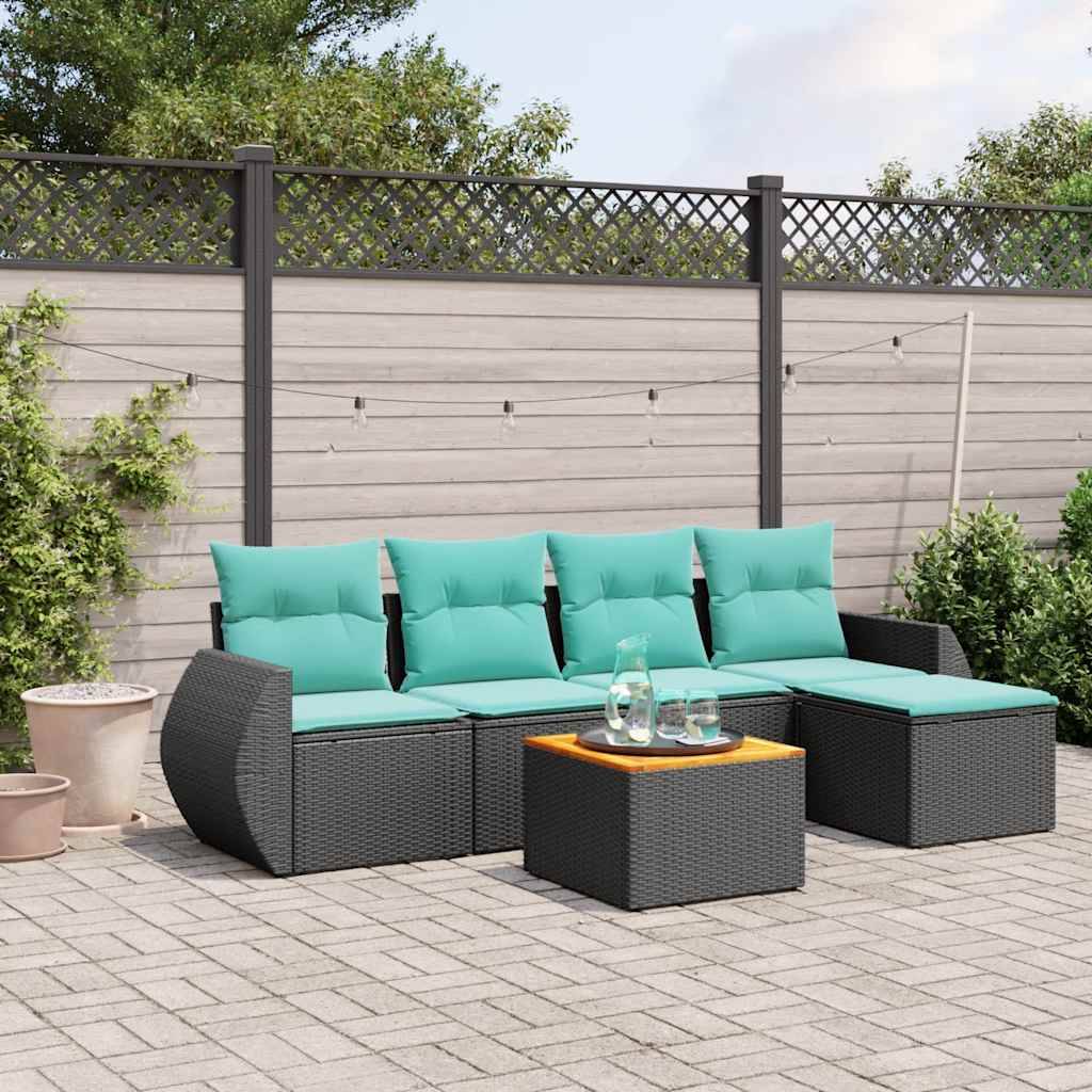 vidaXL 6-teiliges Gartensofa-Set mit Kissen, schwarzes Polyrattan