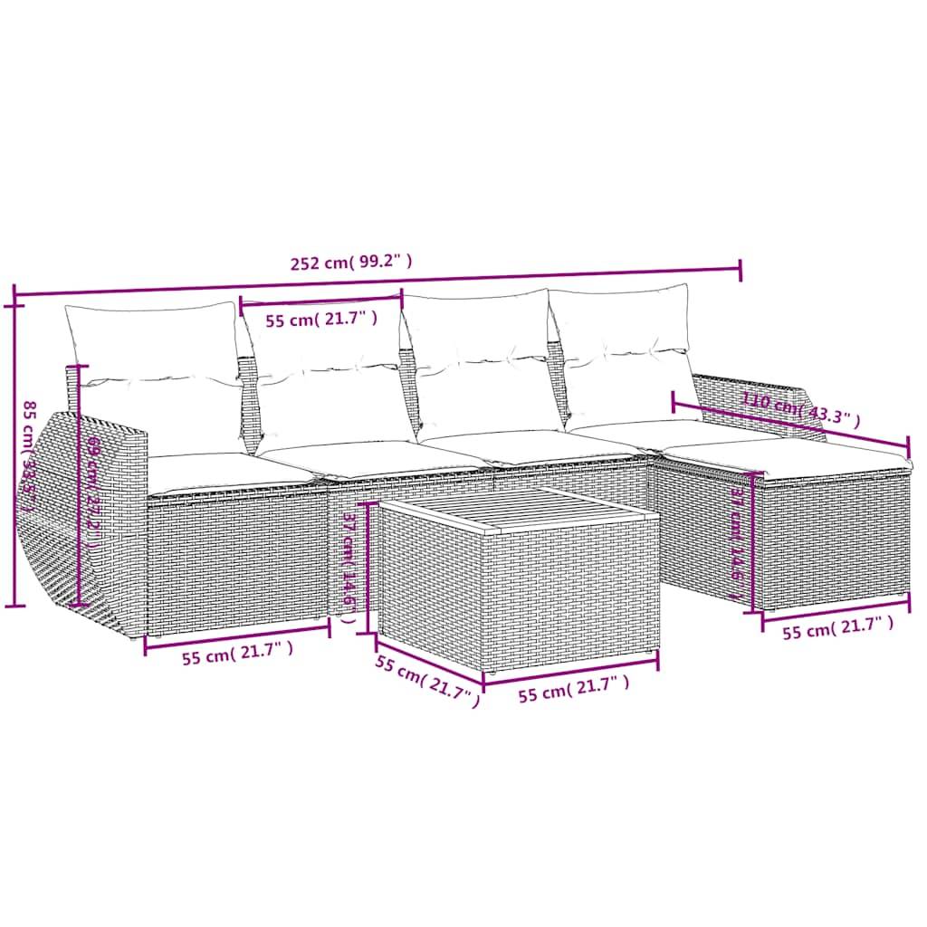 vidaXL 6-teiliges Gartensofa-Set mit Kissen, schwarzes Polyrattan