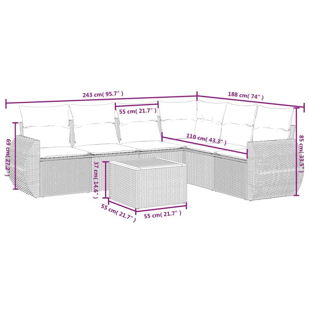 vidaXL 7-teiliges Gartensofa-Set mit Kissen, grau, Polyrattan