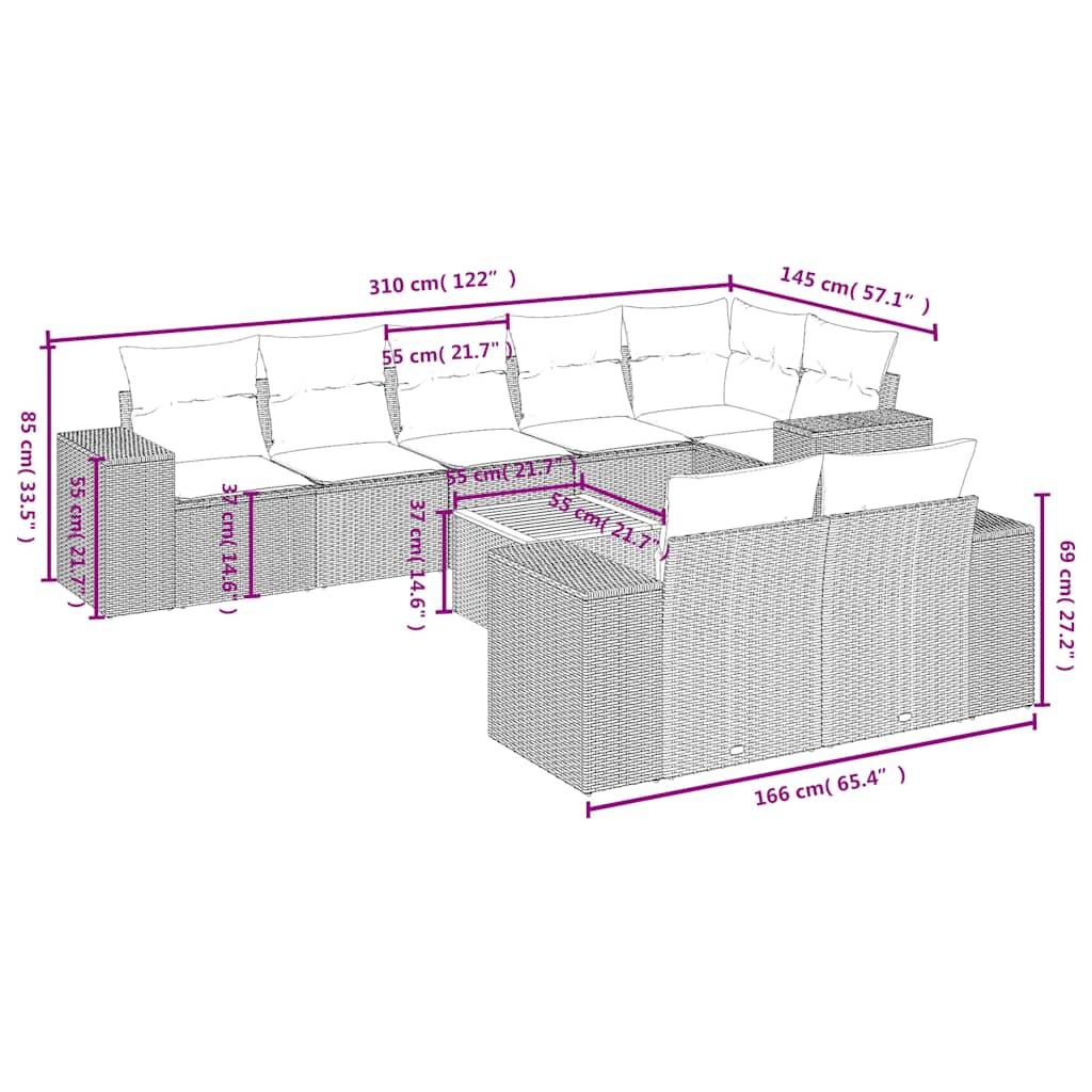 vidaXL 9-teiliges Gartensofa-Set mit Kissen, grau, Polyrattan