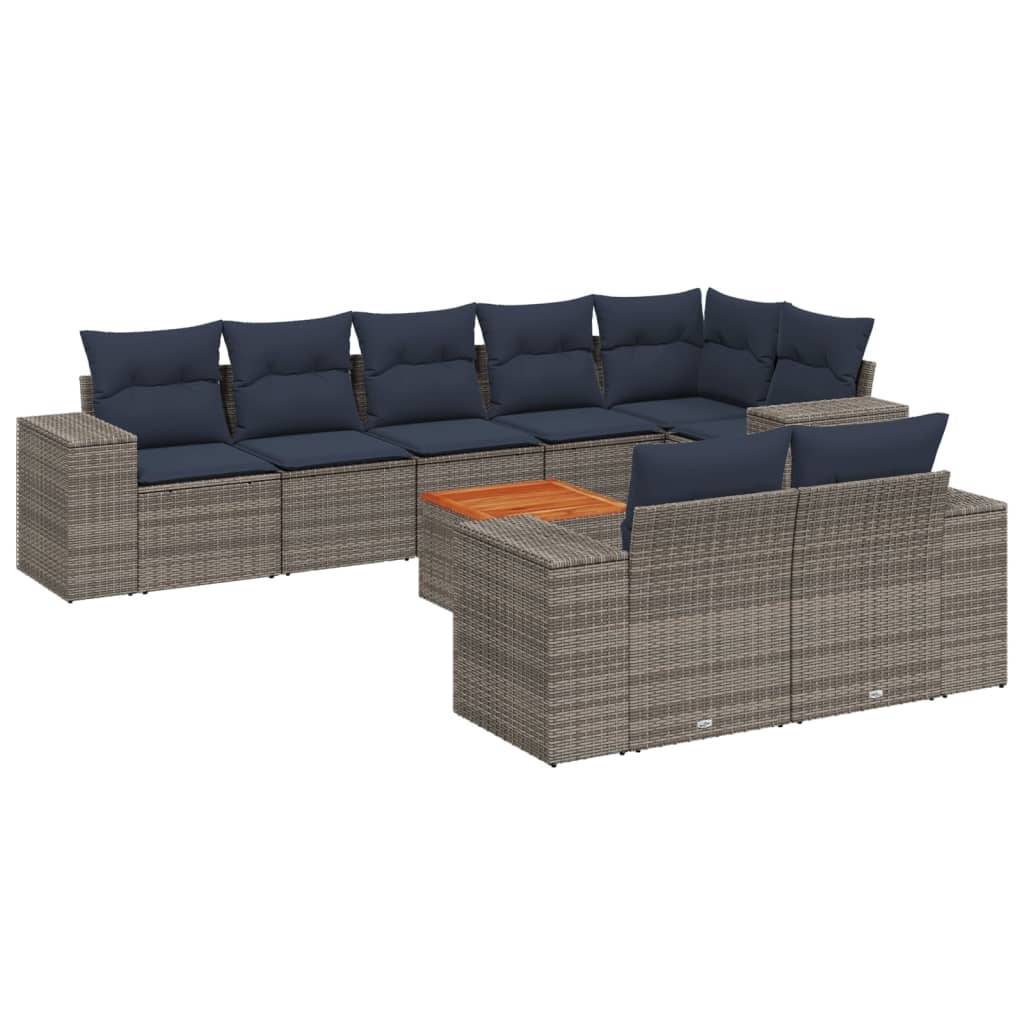vidaXL 9-teiliges Gartensofa-Set mit Kissen, grau, Polyrattan