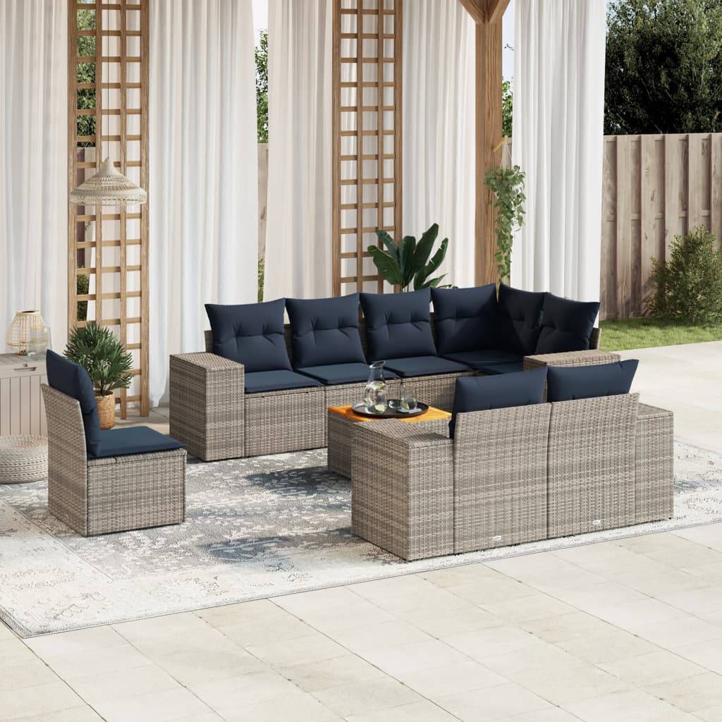 vidaXL 9-teiliges Gartensofa-Set mit Kissen, grau, Polyrattan