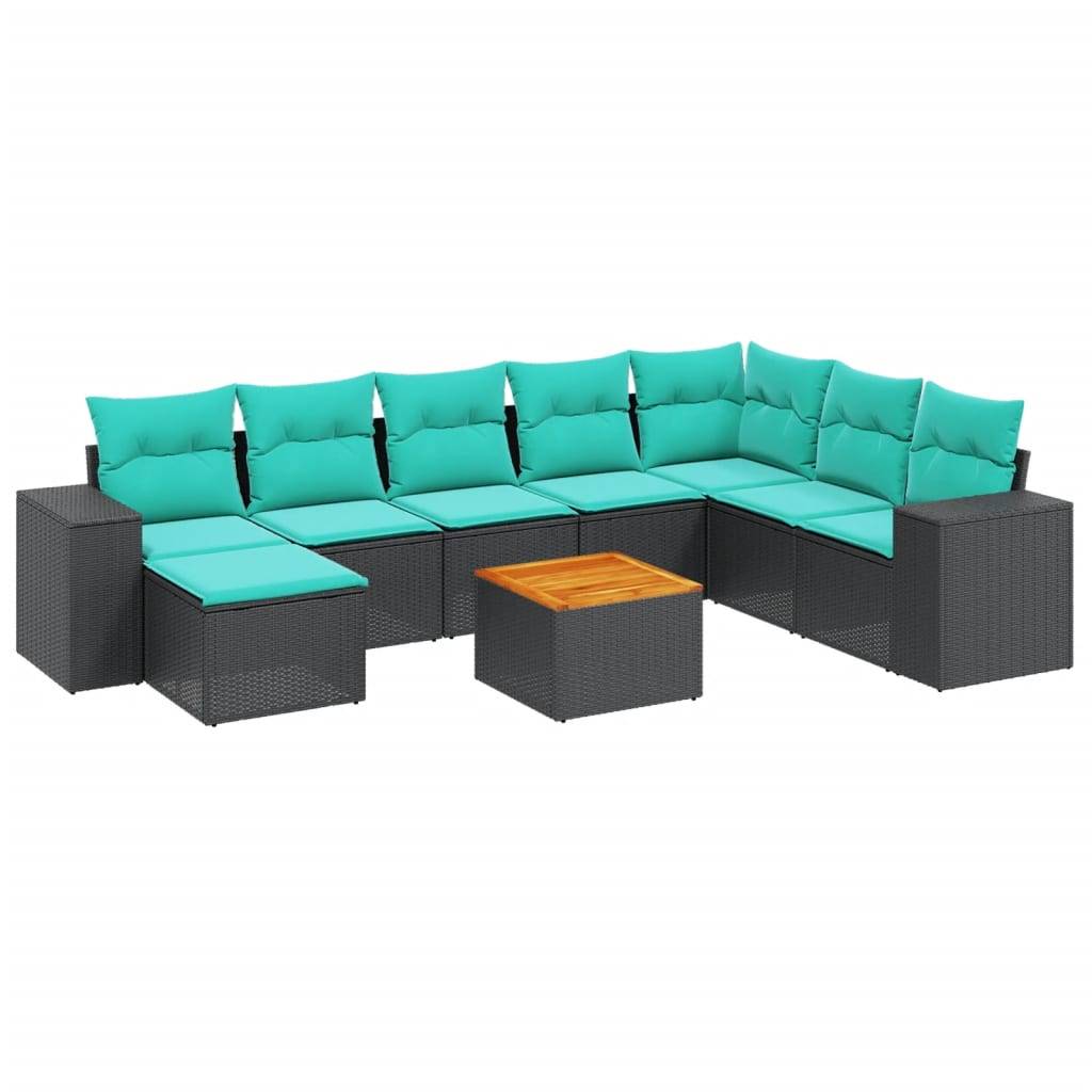vidaXL 9-teiliges Gartensofa-Set mit Kissen, schwarzes Polyrattan