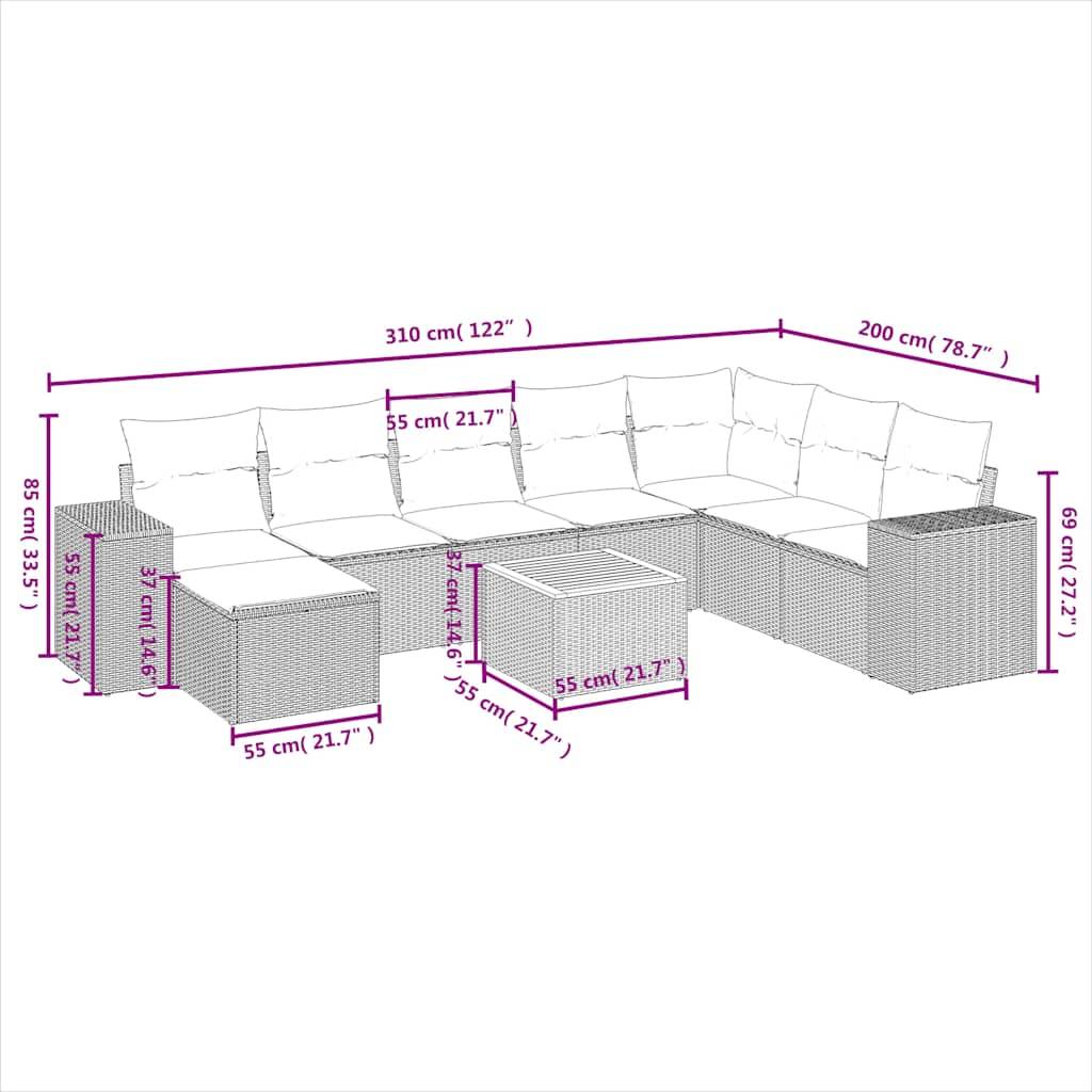 vidaXL 9-teiliges Gartensofa-Set mit Kissen, schwarzes Polyrattan
