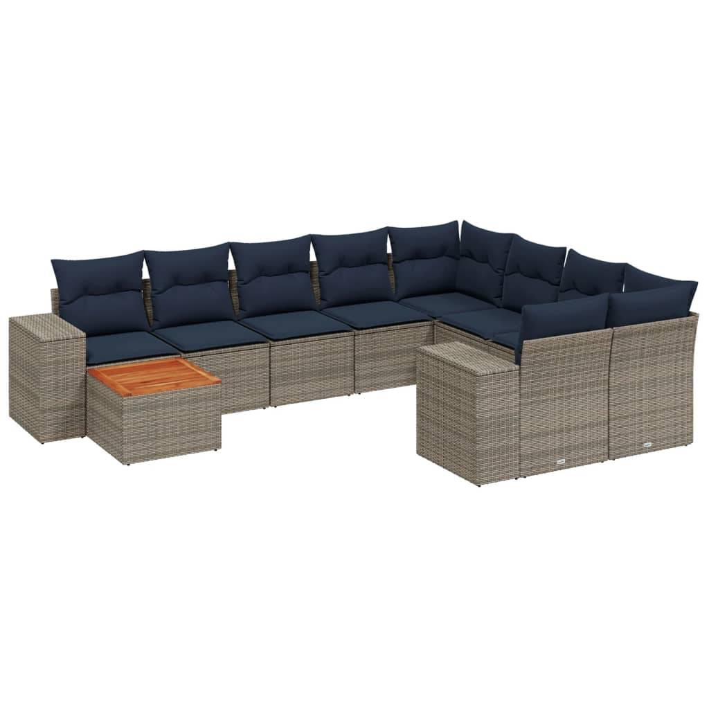vidaXL 10-teiliges Gartensofa-Set mit Kissen, grau, Polyrattan