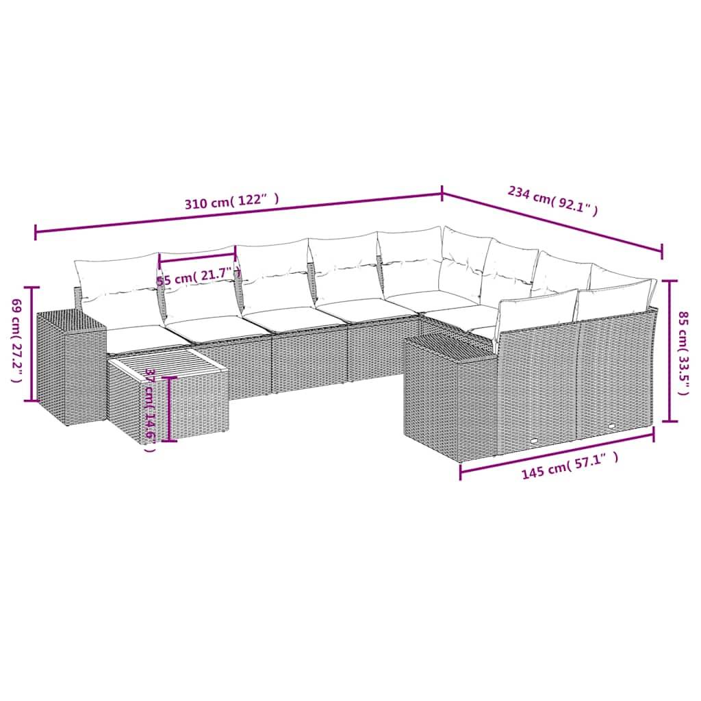 vidaXL 10-teiliges Gartensofa-Set mit Kissen, grau, Polyrattan