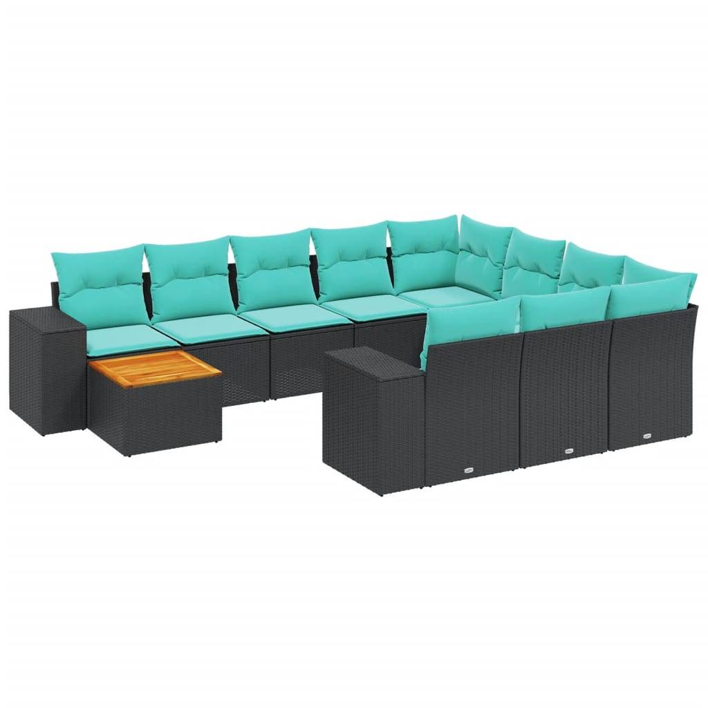 vidaXL 11-teiliges Gartensofa-Set mit Kissen, schwarzes Polyrattan