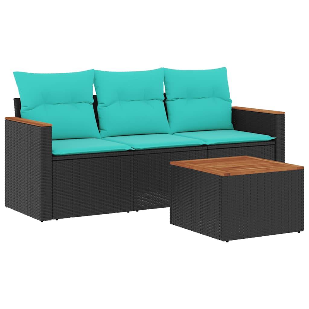 vidaXL 4-teiliges Gartensofa-Set mit Kissen, schwarzes Polyrattan