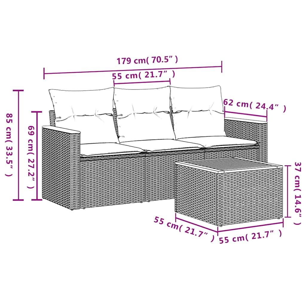vidaXL 4-teiliges Gartensofa-Set mit Kissen, schwarzes Polyrattan