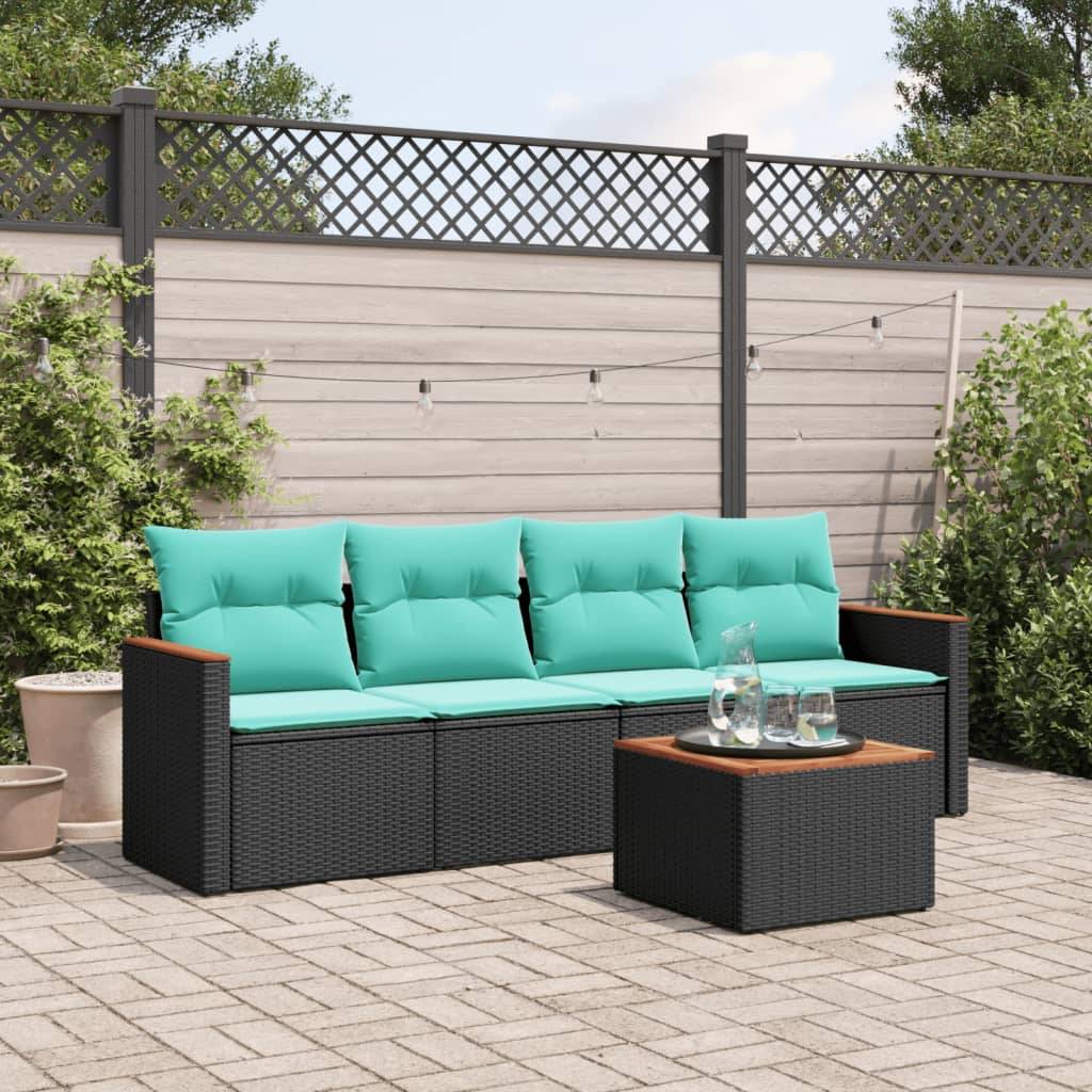 vidaXL 5-teiliges Gartensofa-Set mit Kissen, schwarzes Polyrattan