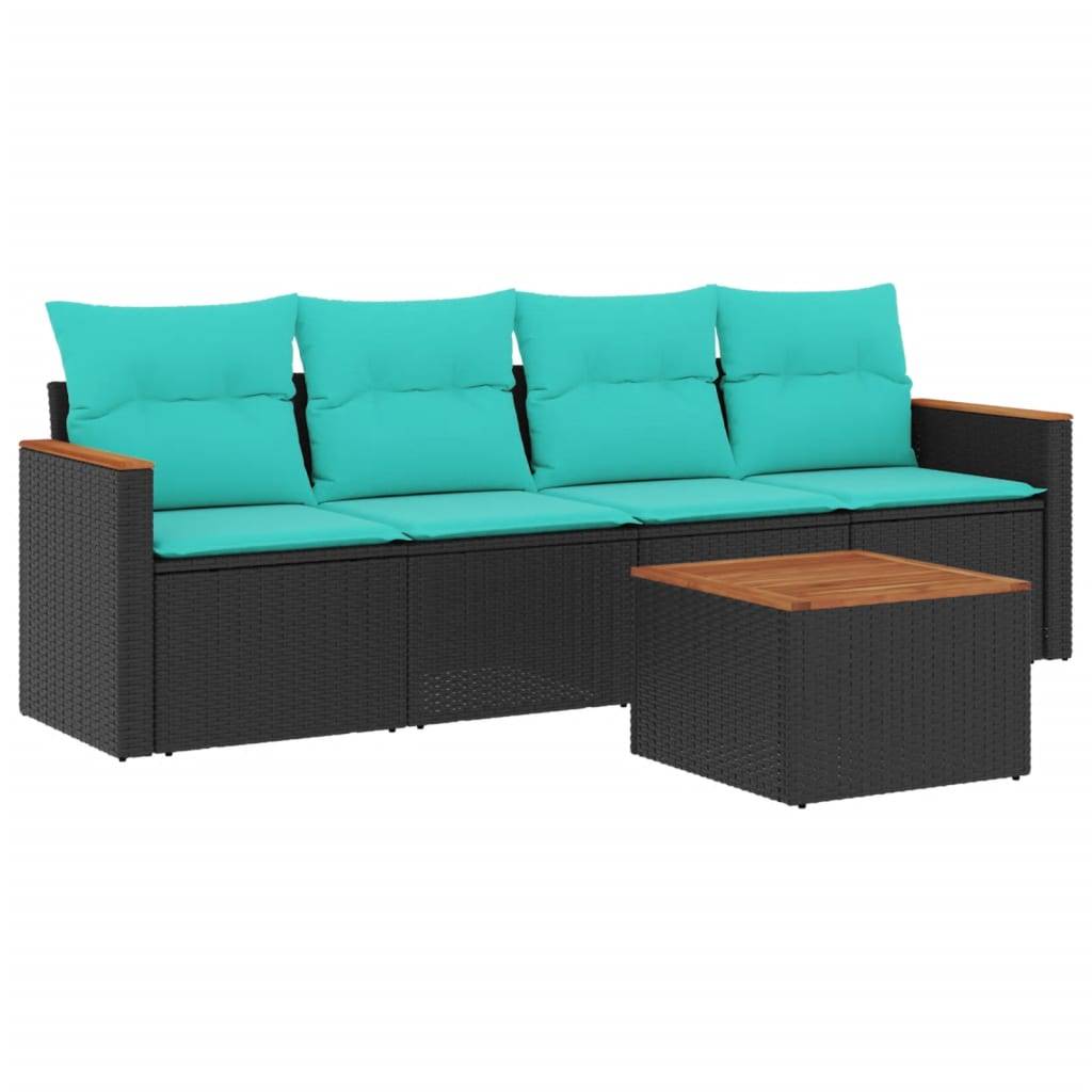 vidaXL 5-teiliges Gartensofa-Set mit Kissen, schwarzes Polyrattan