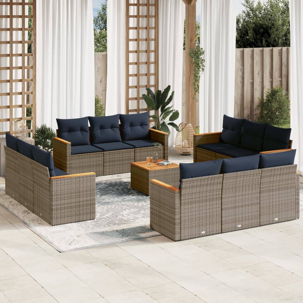 vidaXL 13-teiliges Gartensofa-Set mit Kissen, grau, Polyrattan