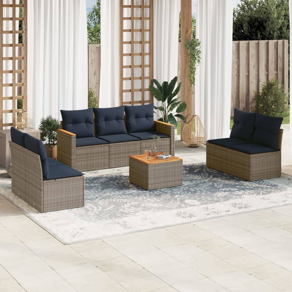 vidaXL 8-teiliges Gartensofa-Set mit Kissen, grau, Polyrattan