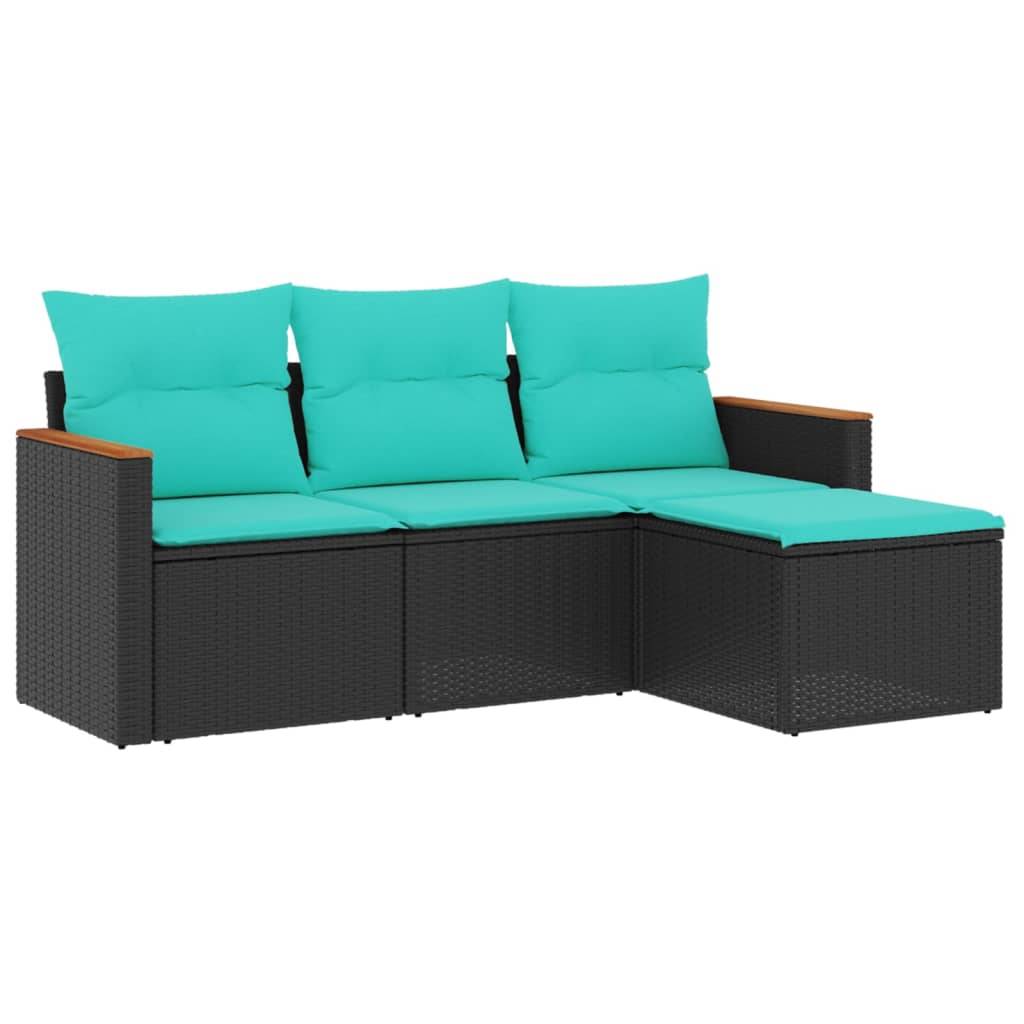 vidaXL 4-teiliges Gartensofa-Set mit Kissen, schwarzes Polyrattan