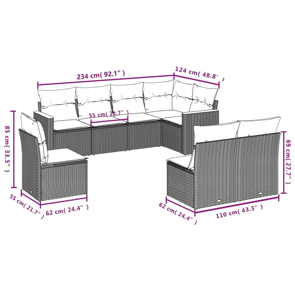 vidaXL 8-teiliges Gartensofa-Set mit Kissen, grau, Polyrattan
