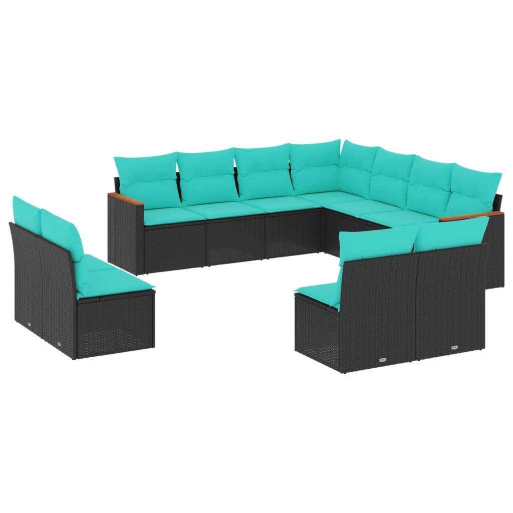 vidaXL 11-teiliges Gartensofa-Set mit Kissen, schwarzes Polyrattan