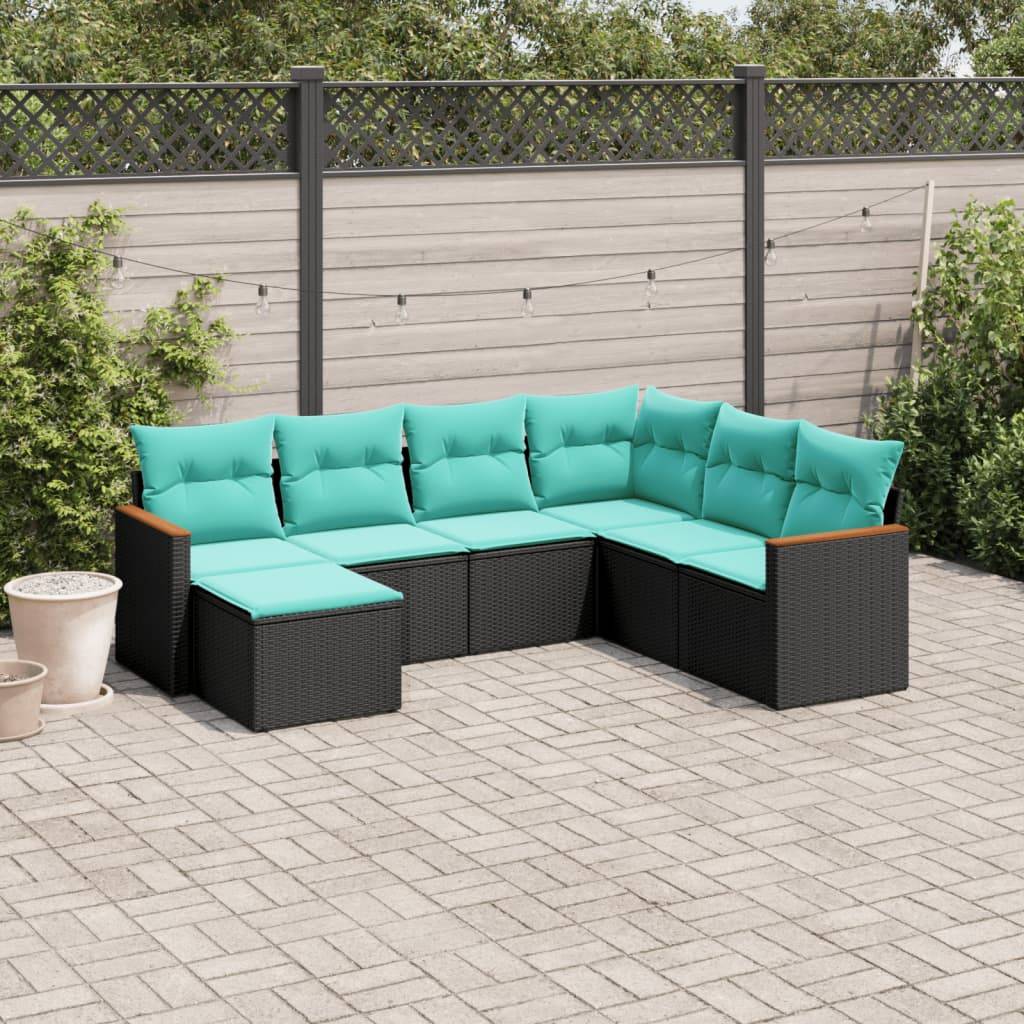 vidaXL 7-teiliges Gartensofa-Set mit Kissen, schwarzes Polyrattan