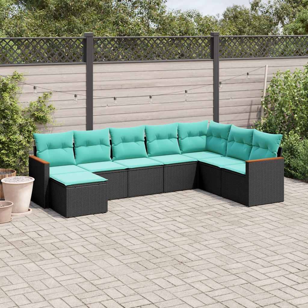 vidaXL 8-teiliges Gartensofa-Set mit Kissen, schwarzes Polyrattan
