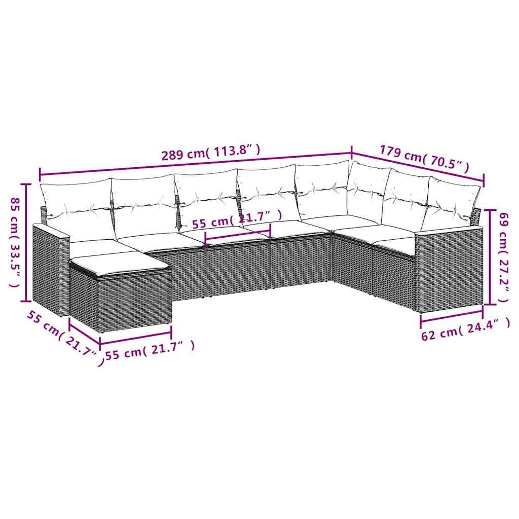 vidaXL 8-teiliges Gartensofa-Set mit Kissen, schwarzes Polyrattan