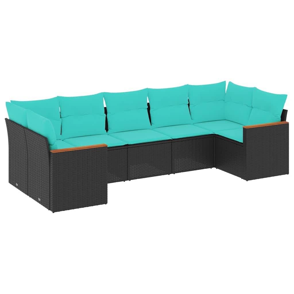 vidaXL 7-teiliges Gartensofa-Set mit Kissen, schwarzes Polyrattan