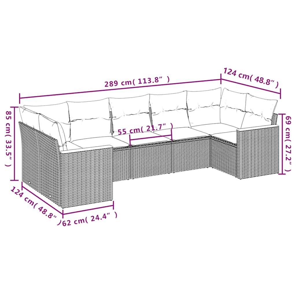 vidaXL 7-teiliges Gartensofa-Set mit Kissen, schwarzes Polyrattan