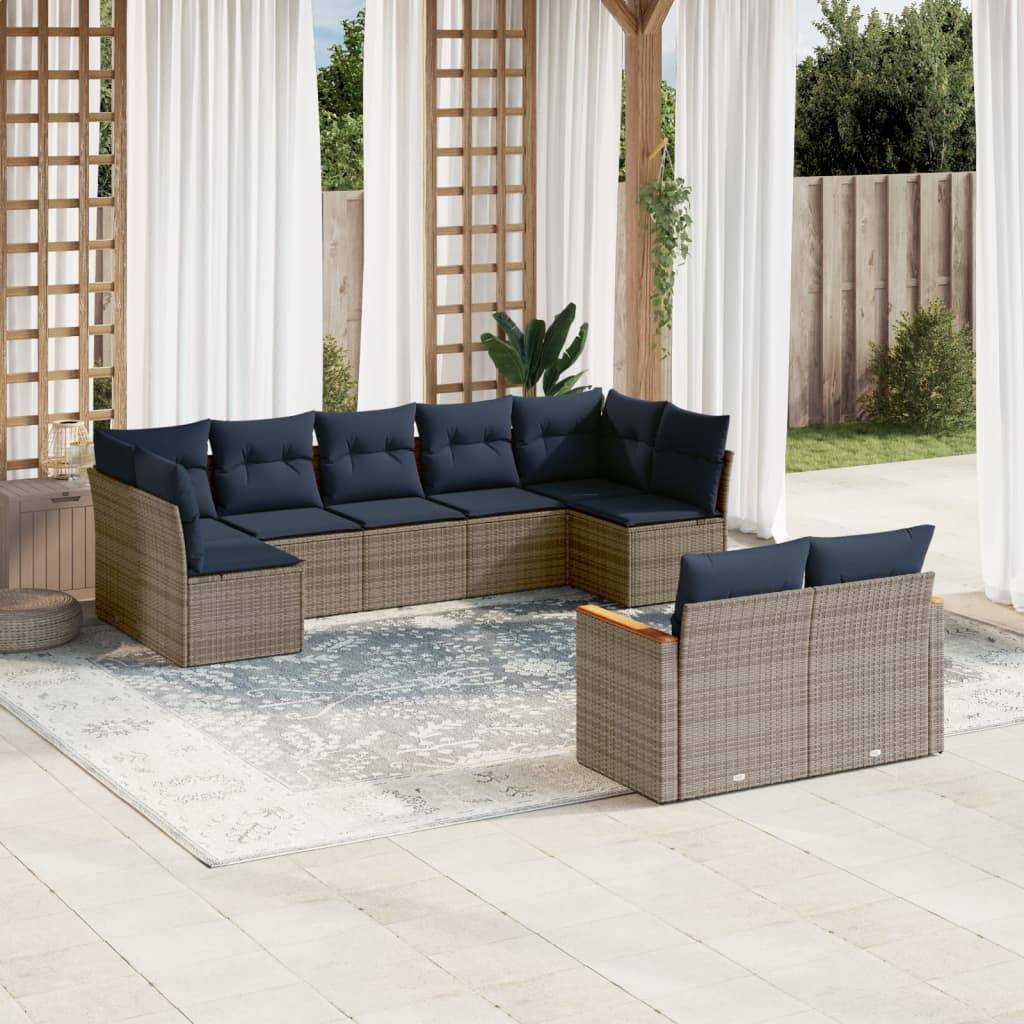 vidaXL 9-teiliges Gartensofa-Set mit Kissen, grau, Polyrattan