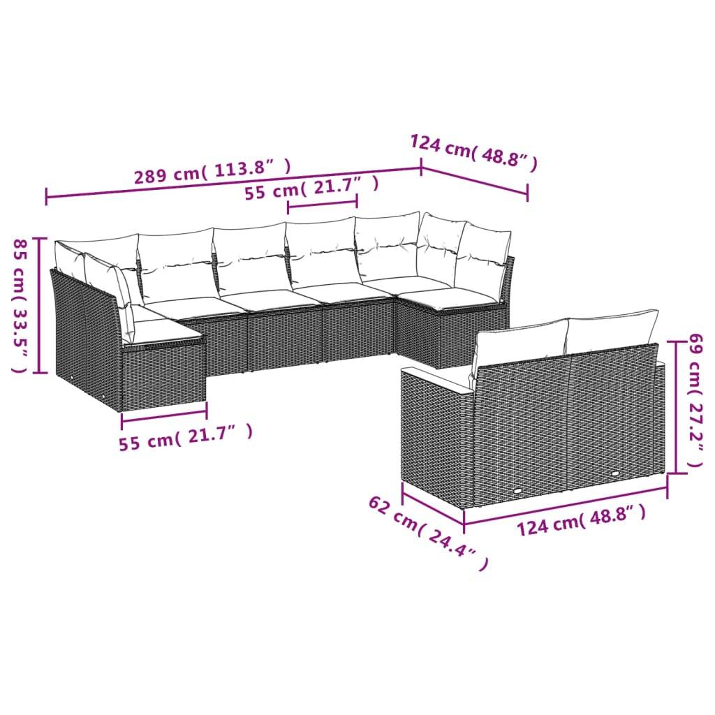 vidaXL 9-teiliges Gartensofa-Set mit Kissen, grau, Polyrattan