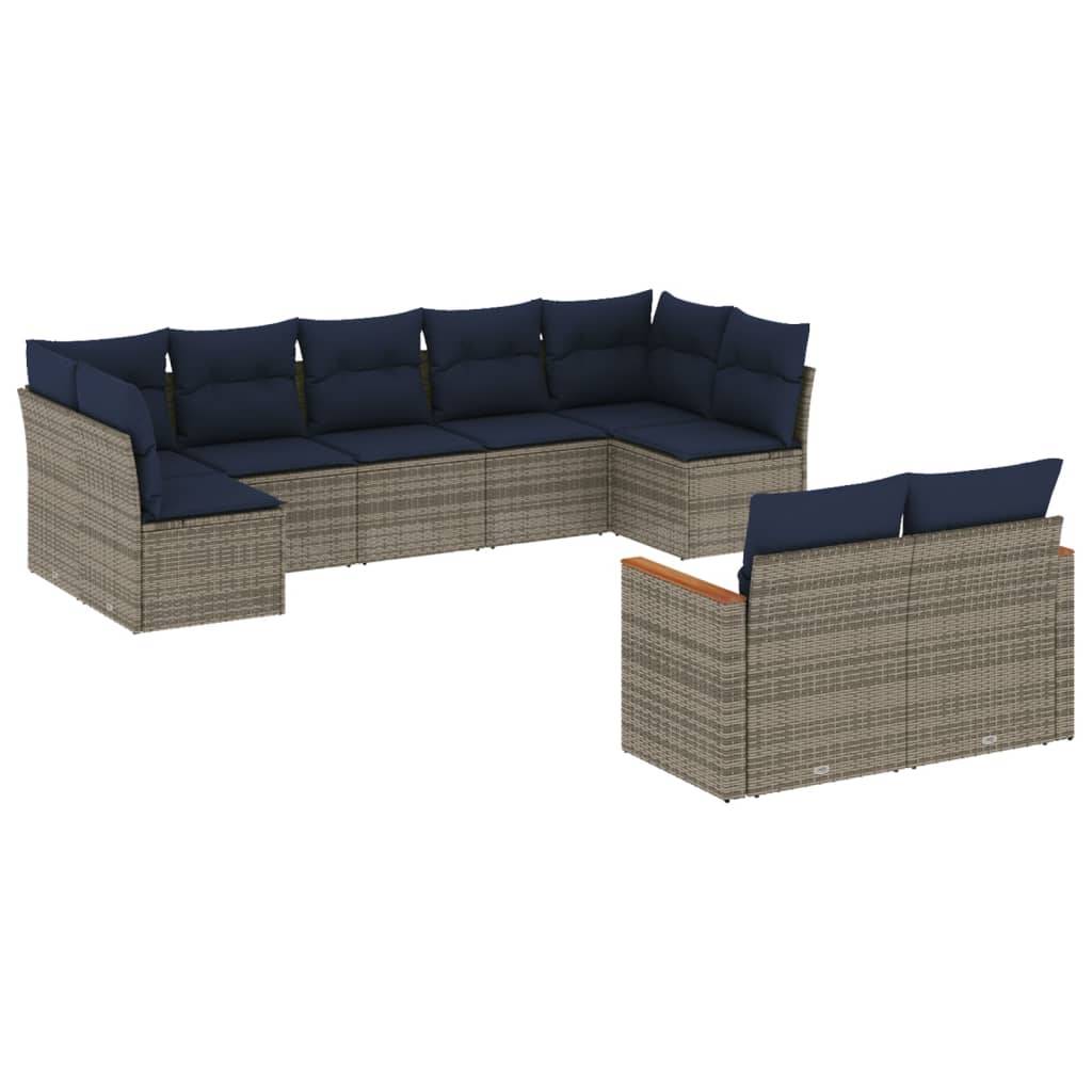 vidaXL 9-teiliges Gartensofa-Set mit Kissen, grau, Polyrattan