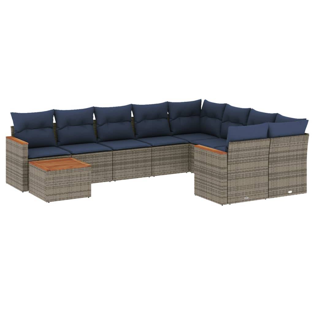 vidaXL 10-teiliges Gartensofa-Set mit Kissen, grau, Polyrattan