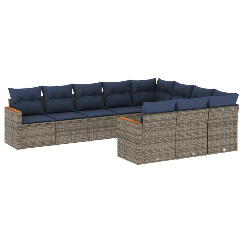 vidaXL 10-teiliges Gartensofa-Set mit Kissen, grau, Polyrattan