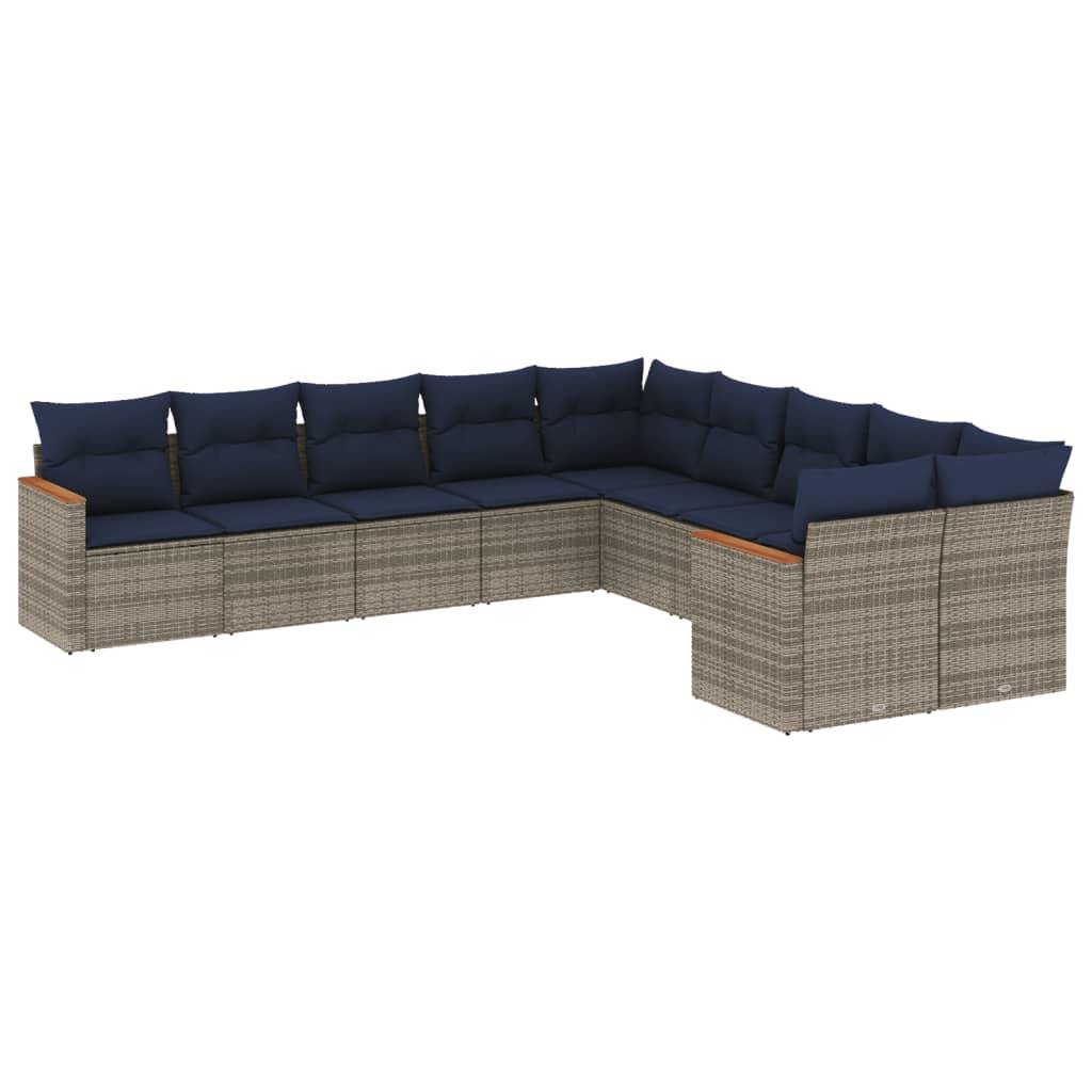 vidaXL 10-teiliges Gartensofa-Set mit Kissen, grau, Polyrattan