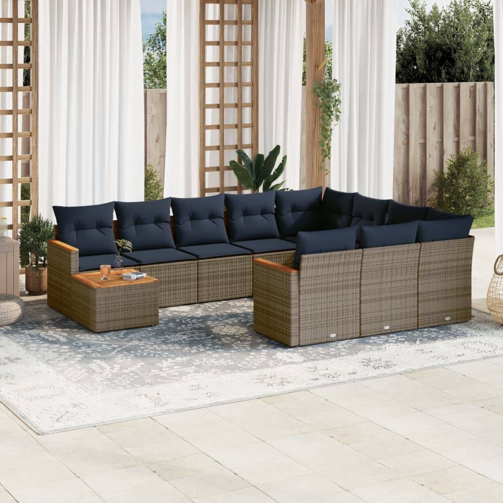 vidaXL 11-teiliges Gartensofa-Set mit Kissen, grau, Polyrattan