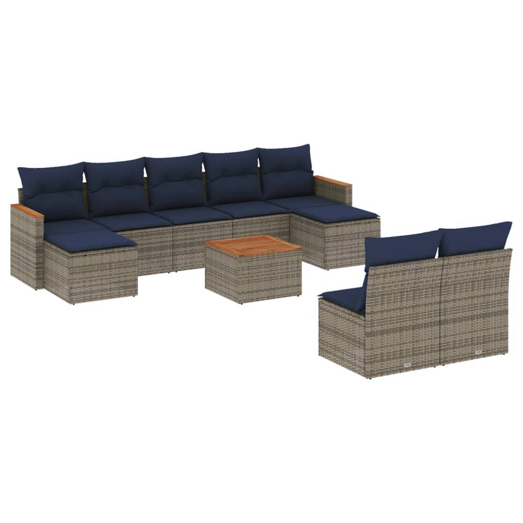 vidaXL 10-teiliges Gartensofa-Set mit Kissen, grau, Polyrattan