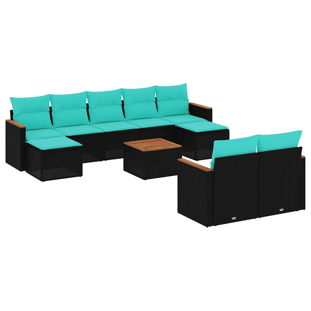 vidaXL 10-teiliges Gartensofa-Set mit Kissen, schwarzes Polyrattan
