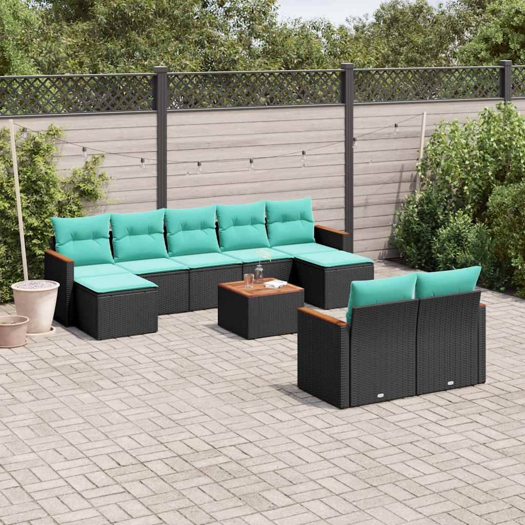 vidaXL 10-teiliges Gartensofa-Set mit Kissen, schwarzes Polyrattan