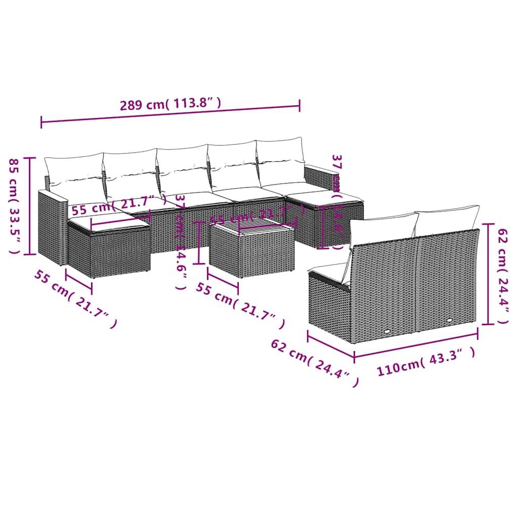 vidaXL 10-teiliges Gartensofa-Set mit Kissen, schwarzes Polyrattan