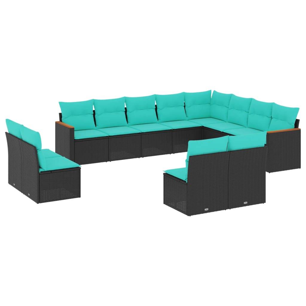 vidaXL 12-teiliges Gartensofa-Set mit Kissen, schwarzes Polyrattan