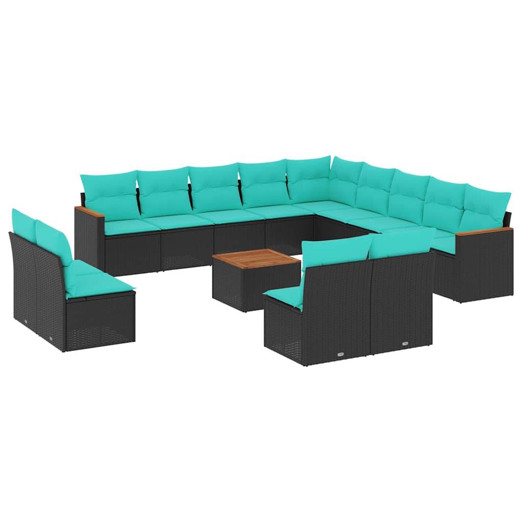 vidaXL 14-teiliges Gartensofa-Set mit Kissen, schwarzes Polyrattan