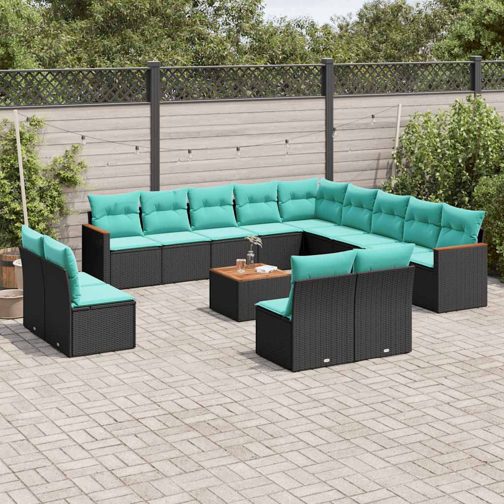 vidaXL 14-teiliges Gartensofa-Set mit Kissen, schwarzes Polyrattan