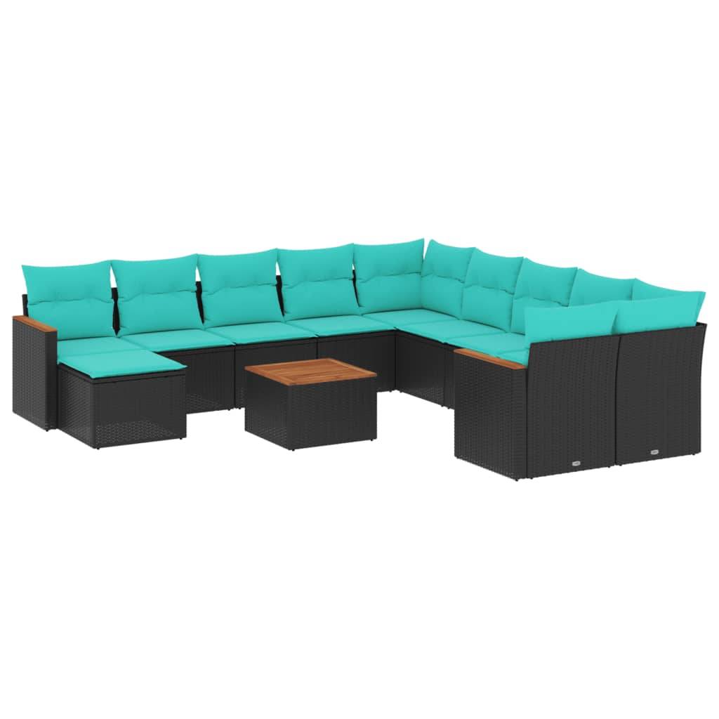 vidaXL 12-teiliges Gartensofa-Set mit Kissen, schwarzes Polyrattan