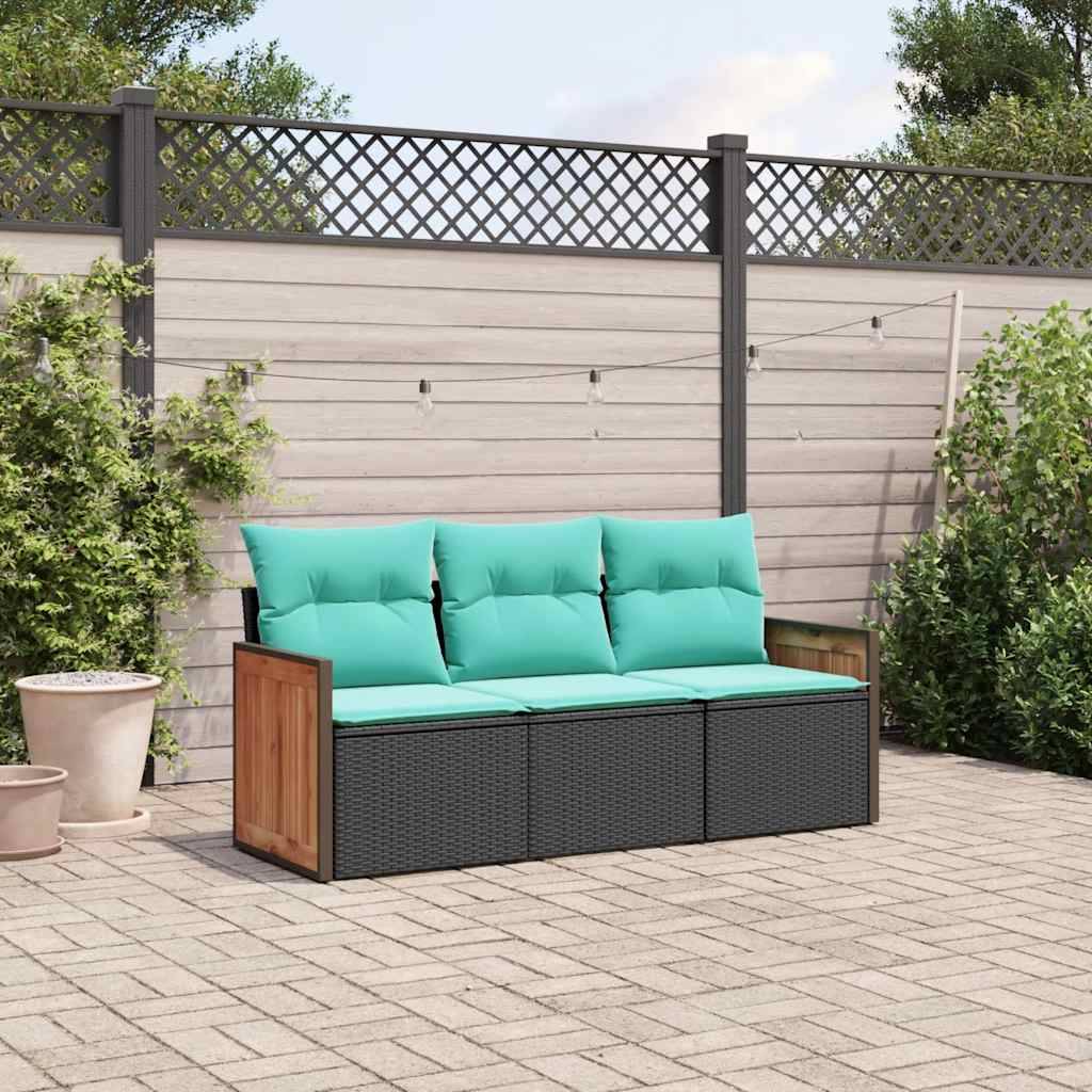 vidaXL 3-teiliges Gartensofa-Set mit Kissen, schwarzes Polyrattan