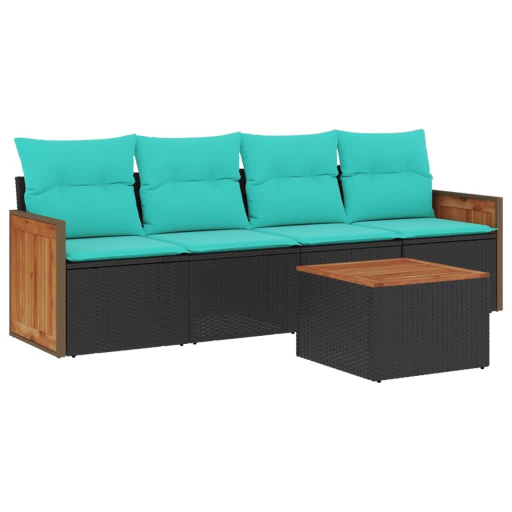 vidaXL 5-teiliges Gartensofa-Set mit Kissen, schwarzes Polyrattan